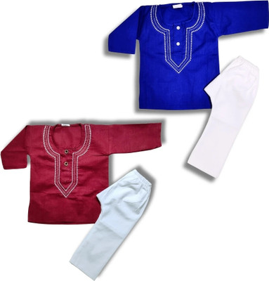 HouseOfCommon Baby Boys Casual Kurta and Pyjama Set(Maroon Pack of 2)