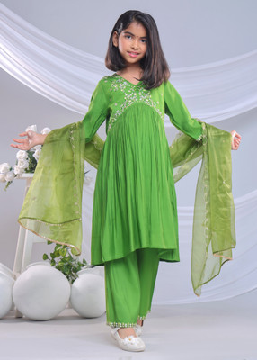 NANCI Girls Festive & Party Kurta, Pyjama & Dupatta Set(Light Green Pack of 1)