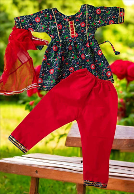 ANNA Baby Girls Wedding Kurta, Pyjama & Dupatta Set(Blue Pack of 1)