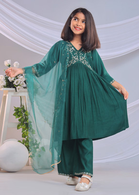 nancy Girls Festive & Party Kurta, Pyjama & Dupatta Set(Green Pack of 1)