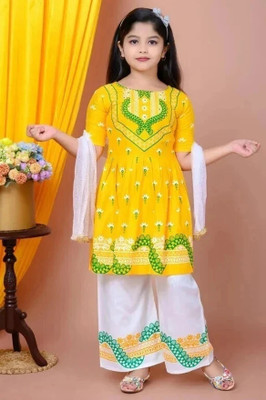 IFA FASHION Girls Festive & Party Kurta and Palazzo Set(Yellow Pack of 1)