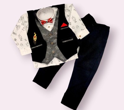 fab fashions Boys Festive & Party Shirt, Waistcoat and Pant Set(Black Pack of 1)