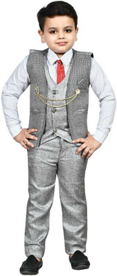 SAcollectoion Boys Festive & Party Shirt, Waistcoat and Pant Set(Grey Pack of 1)