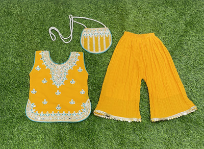 LaskarGarments Girls Festive & Party Kurta and Pyjama Set(Yellow Pack of 1)