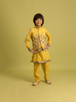 odette Boys Festive & Party Ethnic Jacket, Kurta and Palazzo Set(Yellow Pack of 3)