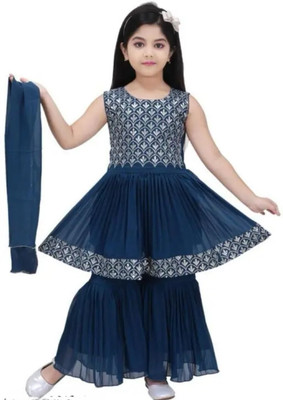 ROSE Girls Festive & Party Kurta and Palazzo Set(Light Blue Pack of 1)