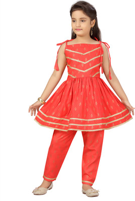 Aarika Girls Festive & Party Kurta and Trouser Set(Red Pack of 1)
