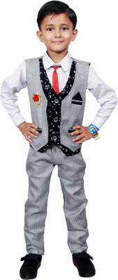 vkreation Boys Wedding Shirt, Waistcoat and Pant Set(Grey Pack of 1)