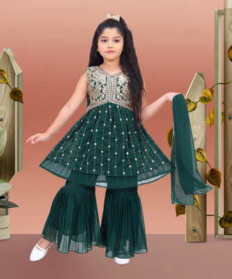 BISAL Girls Festive & Party Angarkha and Sharara Set(Green Pack of 1)