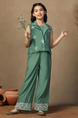 Fashion Dream Girls Festive & Party Kurta and Palazzo Set(Green Pack of 1)