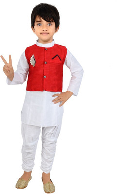 HRR Boys Festive & Party Kurta, Waistcoat and Pyjama Set(White Pack of 1)