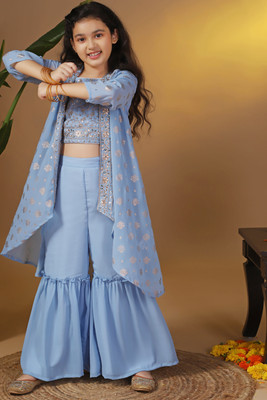Tasrika Girls Festive & Party Ethnic Jacket, Blouse and Palazzo Set(Light Blue Pack of 1)