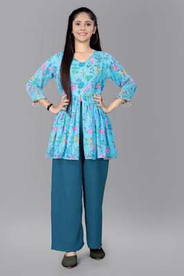 JK Creation Baby Girls Casual Kurta and Palazzo Set(Blue Pack of 1)