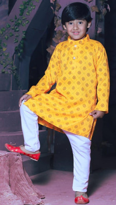 LABELZERO Baby Boys Festive & Party Kurta and Pyjama Set(Yellow Pack of 1)