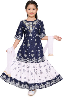 ZOMZOM FASHION Girls Festive & Party Kurta and Skirt Set(Blue Pack of 1)