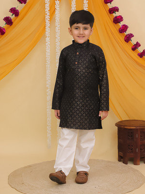 AJ Dezines Boys Festive & Party Kurta and Pyjama Set(Black Pack of 1)