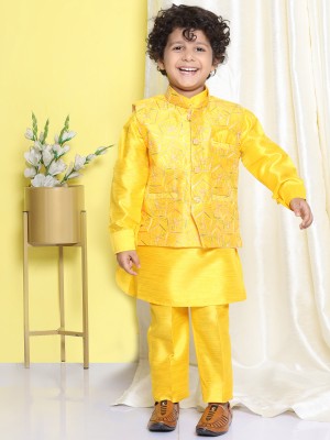 AJ Dezines Boys Festive & Party, Wedding Kurta, Waistcoat and Pyjama Set(Yellow Pack of 1)