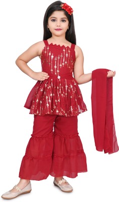 nazneen collection Girls Festive & Party Angarkha and Sharara Set(Maroon Pack of 1)