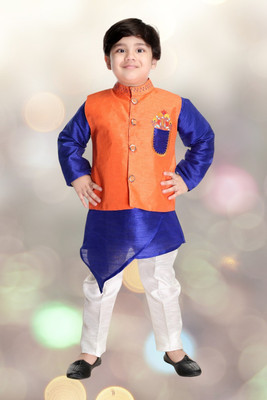 Smuktar garments Baby Boys Casual, Festive & Party, Wedding Kurta, Waistcoat and Pyjama Set(Orange Pack of 1)