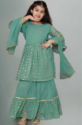 Pari Mahal Girls Casual Kurta and Sharara Set(Green Pack of 1)