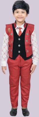 S K S T Boys Festive & Party, Wedding Shirt, Waistcoat and Pant Set(Maroon Pack of 1)