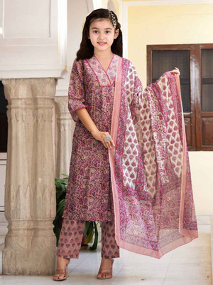Mitukart Girls Casual Kurta and Dupatta Set(Pink Pack of 1)