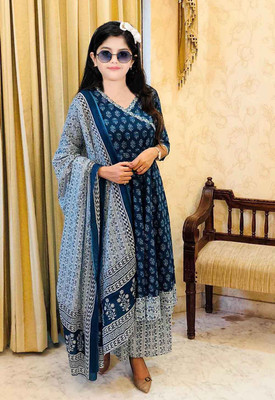 Mitukart Girls Casual Churidar and Dupatta Set(Blue Pack of 3)