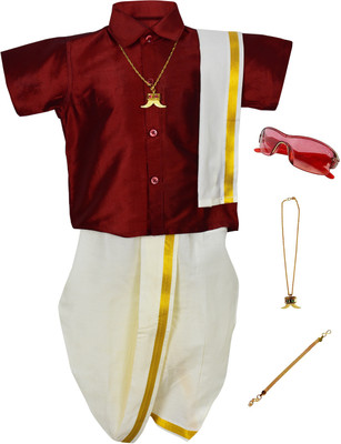 Amirtha Fashion Boys Festive & Party Shirt & Dhoti Set(Maroon Pack of 1)