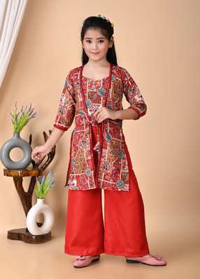 AB MULLICK DRESSES Girls Festive & Party Ethnic Jacket, Blouse and Palazzo Set(Multicolor Pack of 1)