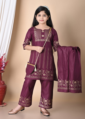 fashionweb Girls Festive & Party Kurta and Palazzo Set(Purple Pack of 1)