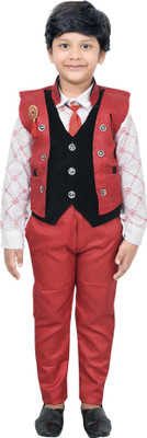 KIDZWING Boys Festive & Party Shirt, Waistcoat and Pant Set(Red Pack of 1)