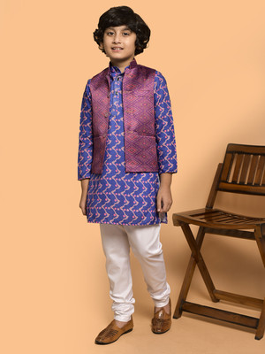 PRINTCULTR Boys Festive & Party Kurta, Waistcoat and Pyjama Set(Blue Pack of 3)
