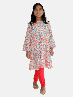 KiddoPanti Girls Festive & Party Kurta and Leggings Set(Orange Pack of 1)