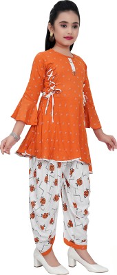 TryZone Girls Festive & Party Dhoti & Kurta Set(Orange Pack of 1)