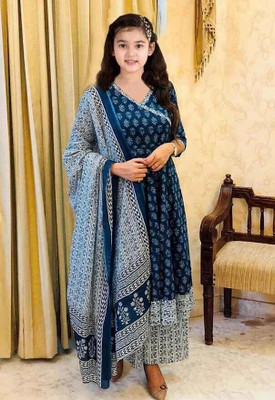 Various Vault Girls Casual Kurta and Dupatta Set(Blue Pack of 1)