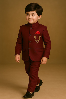 KIDCHAMP Boys Festive & Party, Wedding Blazer and Pant Set(Maroon Pack of 1)