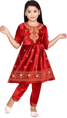 RN DRESSES Girls Festive & Party Kurta and Pyjama Set(Red Pack of 1)