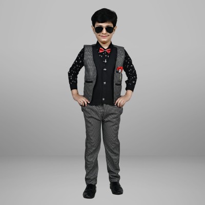 Prabhuratan Boys Festive & Party, Wedding Shirt, Waistcoat and Pant Set(Black Pack of 1)