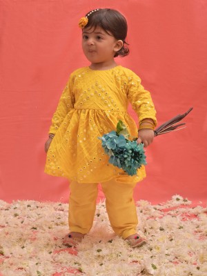 VASTRAMAY SISHU Baby Girls Festive & Party, Casual Kurta and Churidar Set(Yellow Pack of 1)