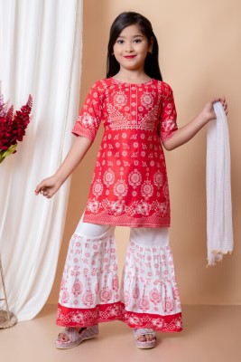 NFASHION Girls Festive & Party Kurta and Palazzo Set(Red Pack of 1)