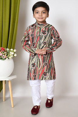 SelfiCollection Boys Festive & Party Kurta and Pyjama Set(Green Pack of 1)