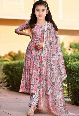 Heerkaart Girls Festive & Party Kurta, Pyjama & Dupatta Set(Pink Pack of 1)