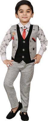 RIYAACOLLECTION Boys Festive & Party, Wedding, Formal Shirt, Waistcoat and Pant Set(Black Pack of 1)