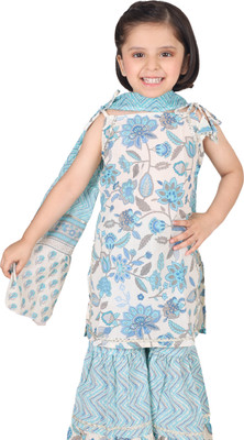 Kids Villa Girls Festive & Party Kurti, Legging and Dupatta Set(Light Blue Pack of 1)