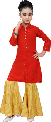 simran Girls Festive & Party Kurta and Palazzo Set(Red Pack of 1)