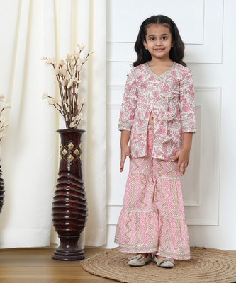 Readiprint Fashions Girls Festive & Party Kurta and Palazzo Set(Pink Pack of 1)