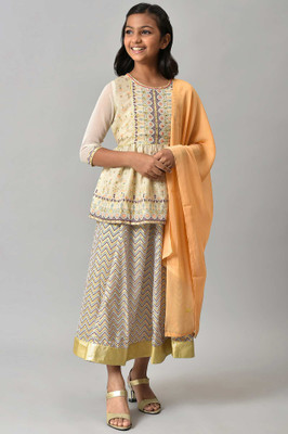 Aurelia Girls Casual Kurta and Trouser Set(Beige Pack of 3)