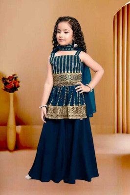 SUNCITY FASHION MART Girls Festive & Party Kurta and Palazzo Set(Dark Blue Pack of 1)