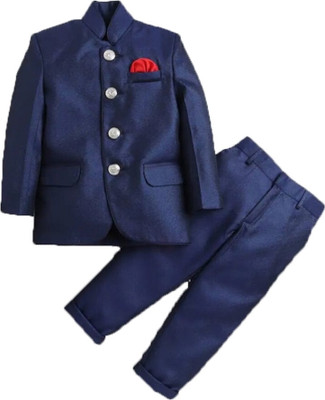 PRINIYAL CREATION Boys Festive & Party, Wedding Blazer, Shirt and Trouser Set(Dark Blue Pack of 2)