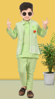 mohini collection Baby Boys Festive & Party Kurta, Waistcoat and Pyjama Set(Green Pack of 1)